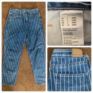 American Eagle, blue and white stripped mom jeans